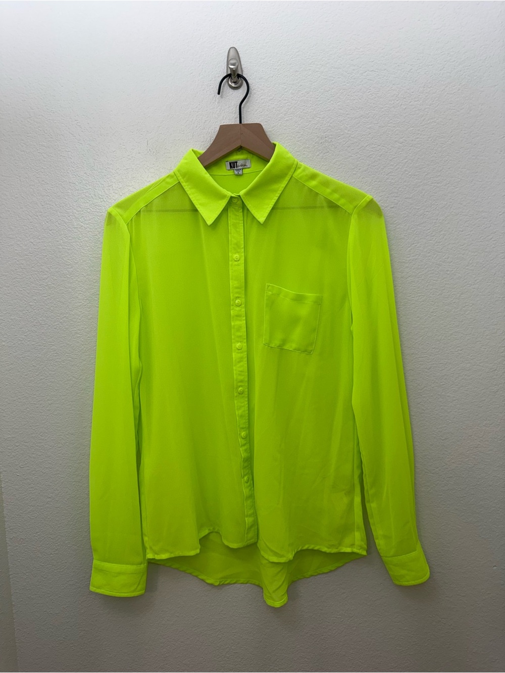 Kut From The Kloth Neon Green Sheer Button Down Long Sleeve Small Blouse NWOT